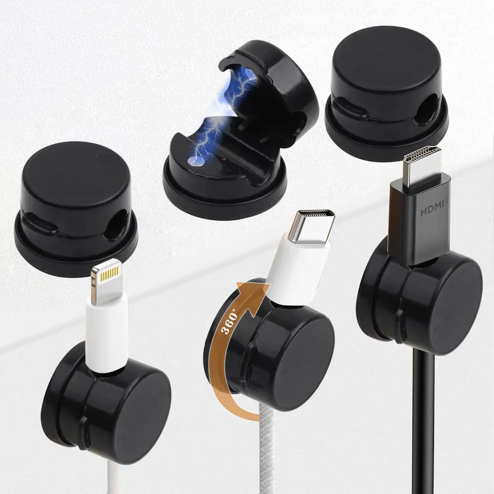 6 Pack Magnetic Cable Organizer Cord Clips, 360° Adjustable Holder with No-Residue Nano Acrylic Adhesive, Desk Accessories Office Work Desk Organizers for Home, Car & Wall (Black), Office Desk Accessories