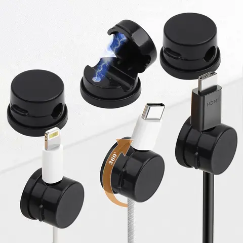 6-Pieces Magnetic Cable Organizer Cord Clips - 360° Adjustable Compact Holders with No-Residue Nano Acrylic Adhesive, Easy-to-Use Indoor Desk Nightstand Accessories, Sticks Firmly to Glass Wood Tile (Black)