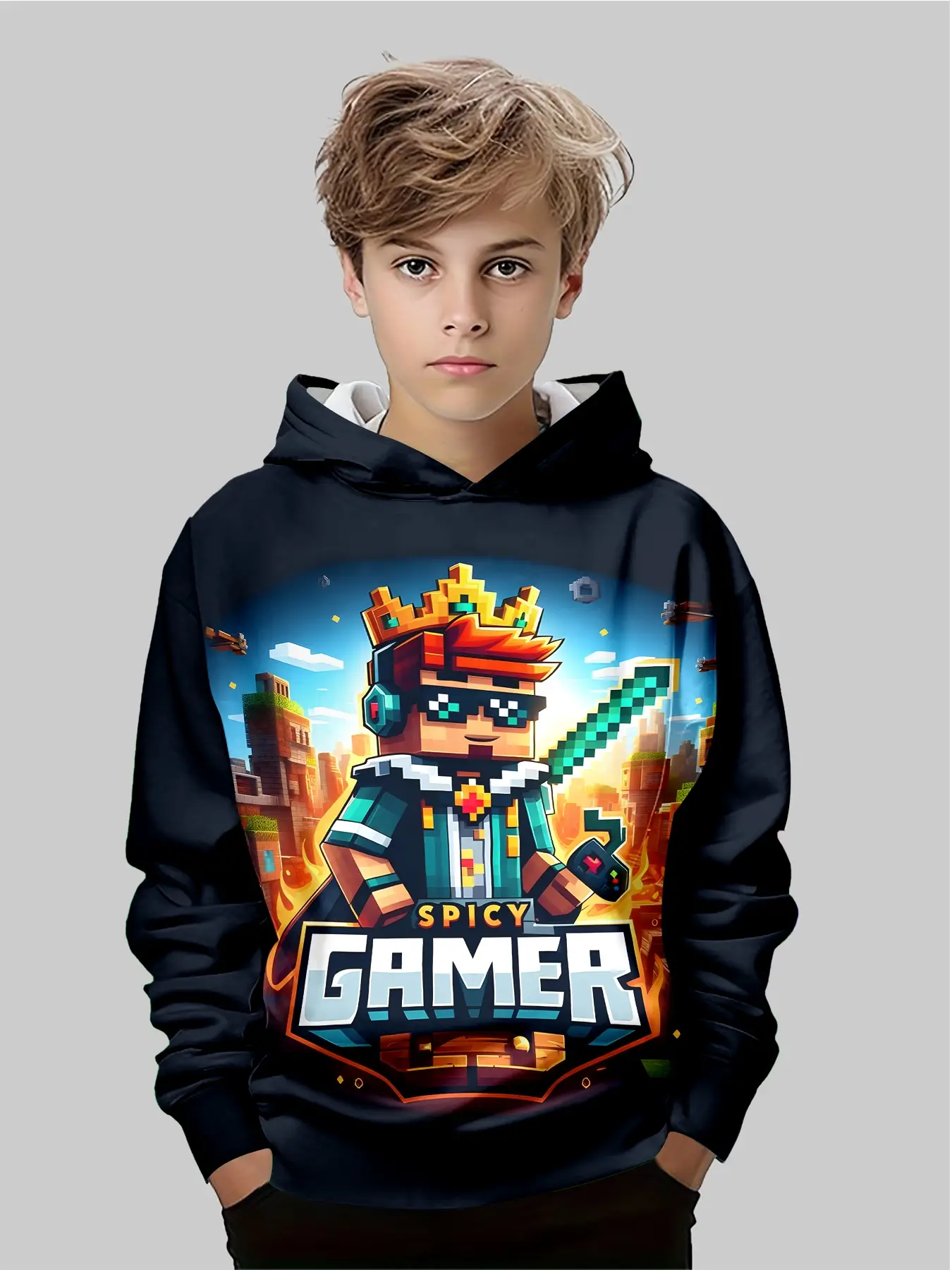 Pixel Character Spicy Gamer Hoodie for Boys, Casual Daily Wear, Unique Style Kids' Clothing, Comfortable and Trendy Design