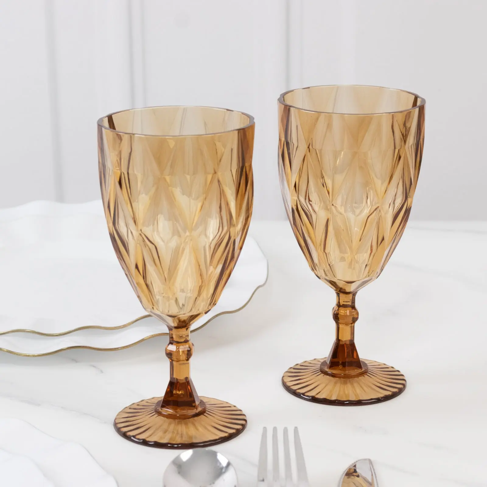 12-Pack Vintage Diamond Cut Plastic Goblets - Amber Gold, 11oz Goblet Shape Tall Stemmed Reusable Wine & Beverage Glasses for Adults, Dining Kitchenware Drinkware