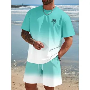 Manfinity RSRT 2pcs Men's Vacation Casual Ombre Coconut Tree Print T-Shirt And Shorts Set Beach Vacation Outfits Men 2 Pieces Set Summer Men