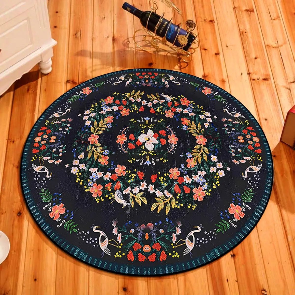 Vintage Floral Pattern Round Carpet, Non-slip Machine Washable Floor Mat, Decorative Mat for Home Living Room Bedroom