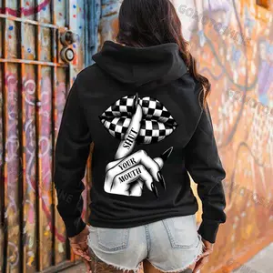 SHUT YOUR MOUTH Black White Check Sexy Lips Print Women's Hoodie