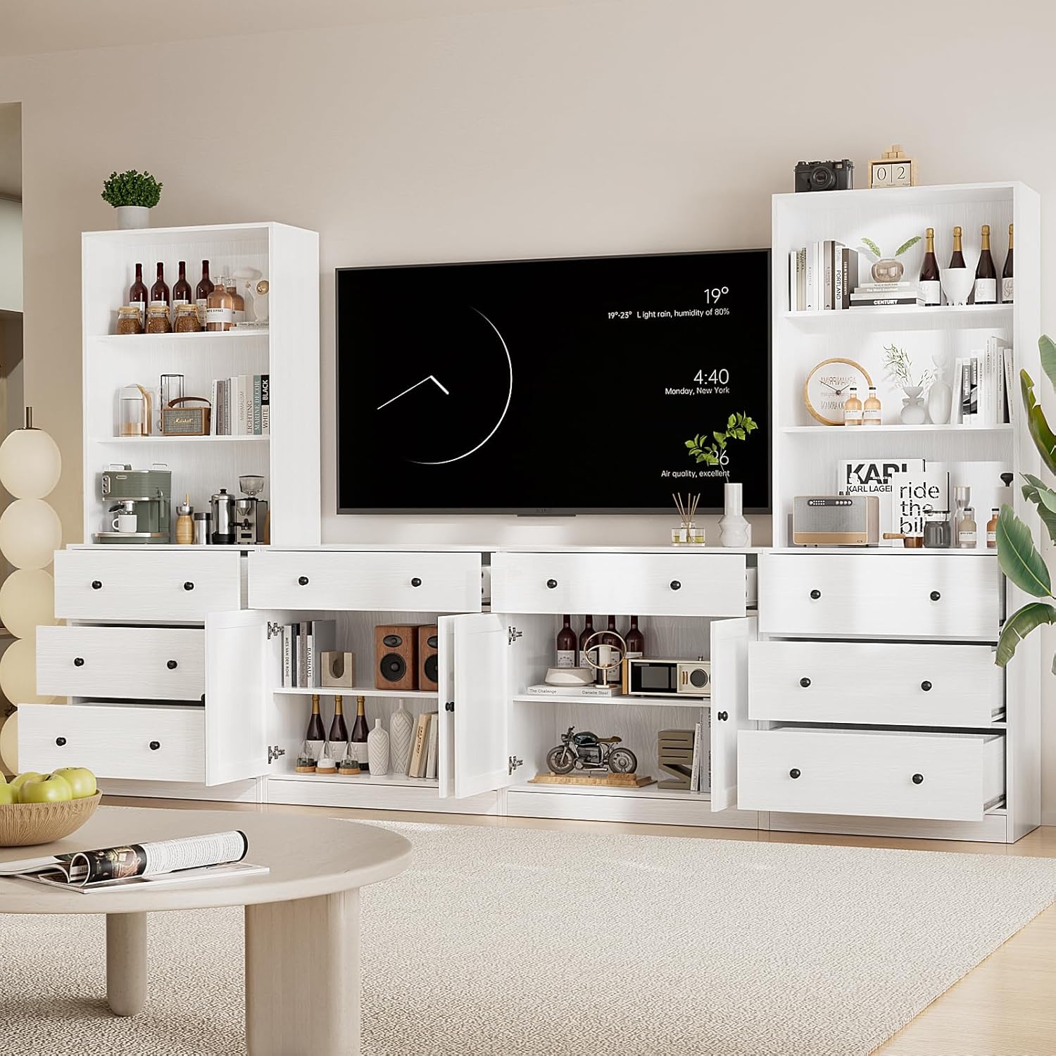 4-Piece Large TV Stand with Bookshelves for TVs up to 75", TV Entertainment Center Media Center with Tempered Glass Doors and Sh