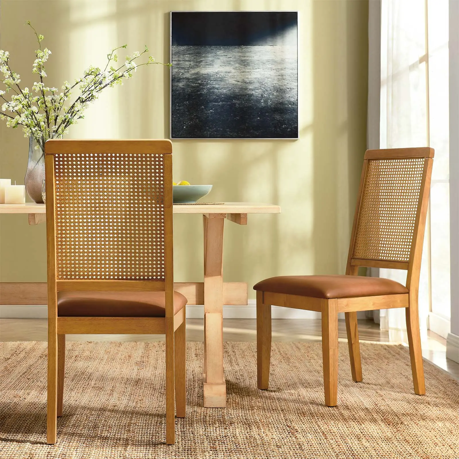 Modway Arlo Vegan Leather Upholstered Faux Rattan and Wood Dining Side Chairs - Set of 2 in Natural Natural Tan