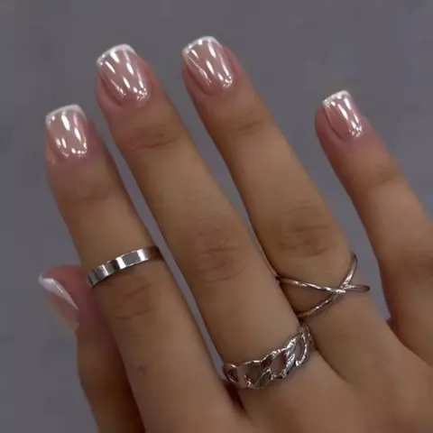 Set of 24 Short Square Press-On Nails, Decorative Nails, Shimmer Nude French Tip, Includes Jelly Glue and Nail File, Perfect for Parties and Daily Wear, French Tips Nails, Press Ons Nails