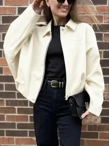Ladies' retro suede jacket, bomber jacket, brand new regular style artificial leather long-sleeved single-breasted loose and casual short coat, with pockets and metal buttons, suitable for windproof jackets when going out in autumn and winter Outerwear