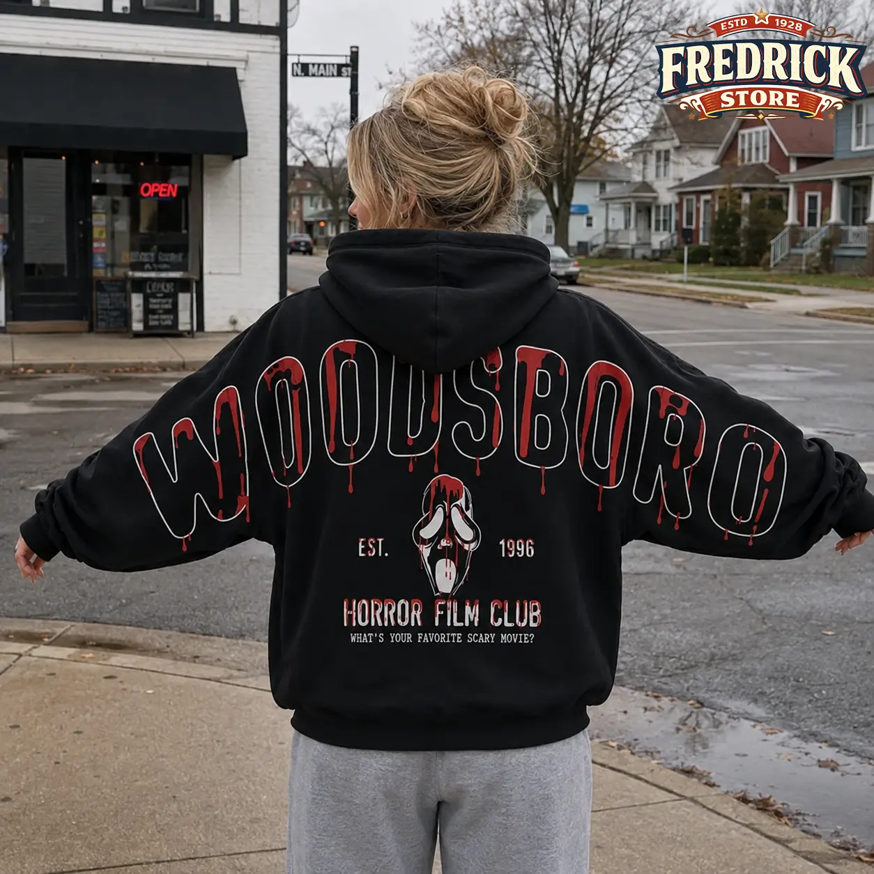 Retro 90's Woodsboro V2 Blood Horror Firm Club Shoulder-to-Shoulder Back Lettering Sweatshirt Hoodie, Halloween Scream Movie Graphic Tee, Spooky Season, Gift for Him and Her, Vibes