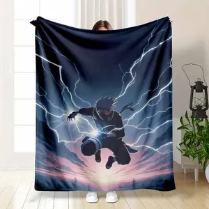 Anime Lightning Warrior Flannel Blanket Dynamic Electric Storm Print Design Soft Cozy Warm Breathable Material Perfect for Bedroom Decor Sofa Lounge Office Nap Travel Gift for Friends and Fans