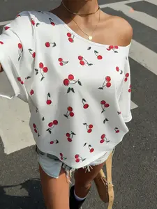 European Style Sweet Cherry Print T-Shirt, Loose One-Shoulder Off-Shoulder Short Sleeve Top, Daily Streetwear Essential