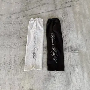 Women's Side Cursive Letter Wide Leg Sweatpants, Heather Gray Elastic High Waist Baggy Track Joggers, Forever Faithful Script Print Loose Y2K Casual Streetwear Lounge Bottoms