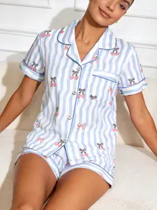 Spring Summer Women's Sleepwear Pajama Matching Set, Blue Striped Cardigan, Cute Cherry Bow Full Print, Breathable Short Sleeve Shorts, Home Wear Loungewear