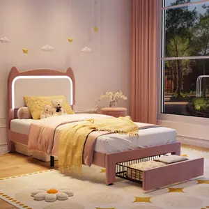 Garvee Twin Size Bed Frame with Cat Headboard, Twin Platform Bed Frame with GRB LED Lights, Storage Drawer & Strong Wood Slats Support, Noise Free, No Box Spring Needed, Easy Assembly, Pink & White