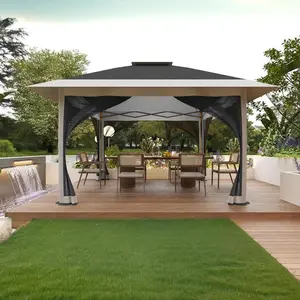 12' x 12' Outdoor Gazebo, Heavy Duty Double Roof Patio Gazebo with Netting and Curtains, Outdoor Patio Canopy for Deck Backyard Garden Lawns, Dark Gray & Light Gray