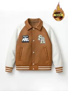 Vintage Patchwork Baseball Jacket with Fleece Lining, Warm American Street Style Hoodie, Embroidered Design, Long Sleeve, Spring & Fall