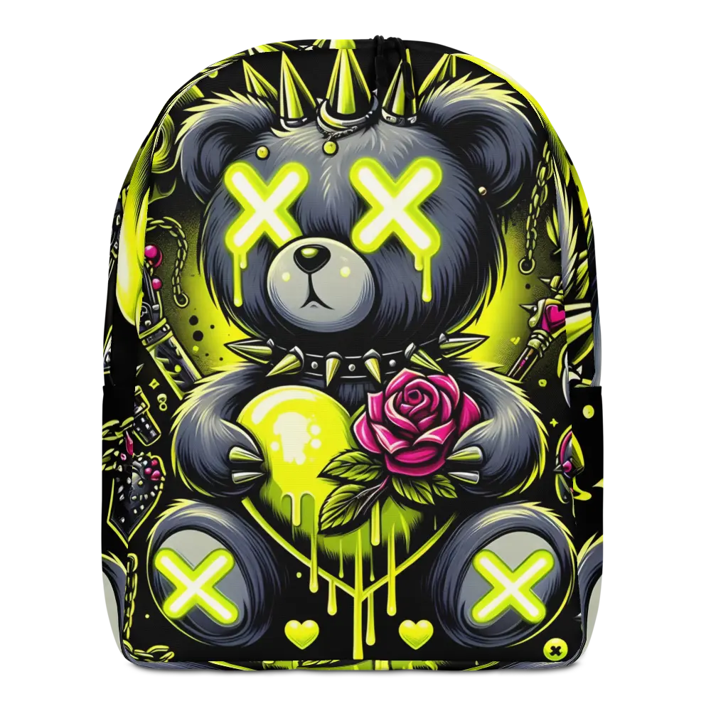 Goth Teddy Bear Backpack | Neon Grunge School Book Bag | Punk Kawaii Backpack | Alternative Laptop Bag, Minimalist Functional Backpack, Lightweight Travel Bag for Daily Commute, School Use