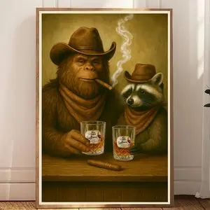 Bigfoot & Raccoon light up and drink bourbon print, Vintage Western Animal Poster, Rustic Whiskey Wall Art, Gift for Men, Fathers Day, Hunters, Frameless
