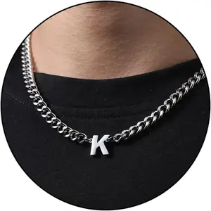 Initial A-Z Cuban Link Chain Necklace for Men Boys Women Letter Pendant Stainless Steel 6.5mm 18+2 Ihes  Gift