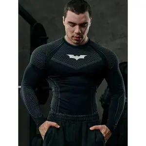 Men's High Stretch Quick Dry Long Sleeve Compression Shirt, All Over Print Fitness Top For Running Gym