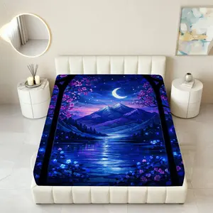 1Pc Mountain Moon Lake Fitted sheet Mattress Protector Fantasy theme, Night Sky Mountain Mattress protector Breathable, Soft Comfortable Bedding Mattress Cover, for Bedroom Guest Room.