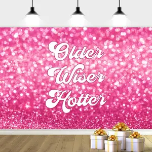"Older Wiser Hotter" Pink Glitter Birthday Backdrop – Shiny Pink Background with Confident Slogan, Perfect for Women's Birthday Parties & Trendy Celebrations, Brings Bold Vibrant Vibe, A Stylish Festive Gift, 2D Print