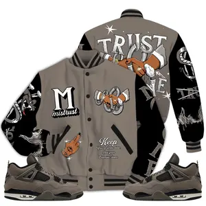4 Cave Stone Varsity Jacket, Cave Stone 4s Letterman Jackets, Trust No One Hustles T-Shirt To Match Sneakers, Streetwear Style Urban Outfit Casual Fabric Knit Menswear