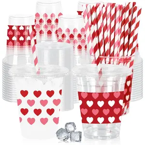 100Pcs Valentine's Day Cups with Lids Drinking Cup 12oz Red Pink White Love Heart Disposable Cups for Wedding Anniversary Valentine
