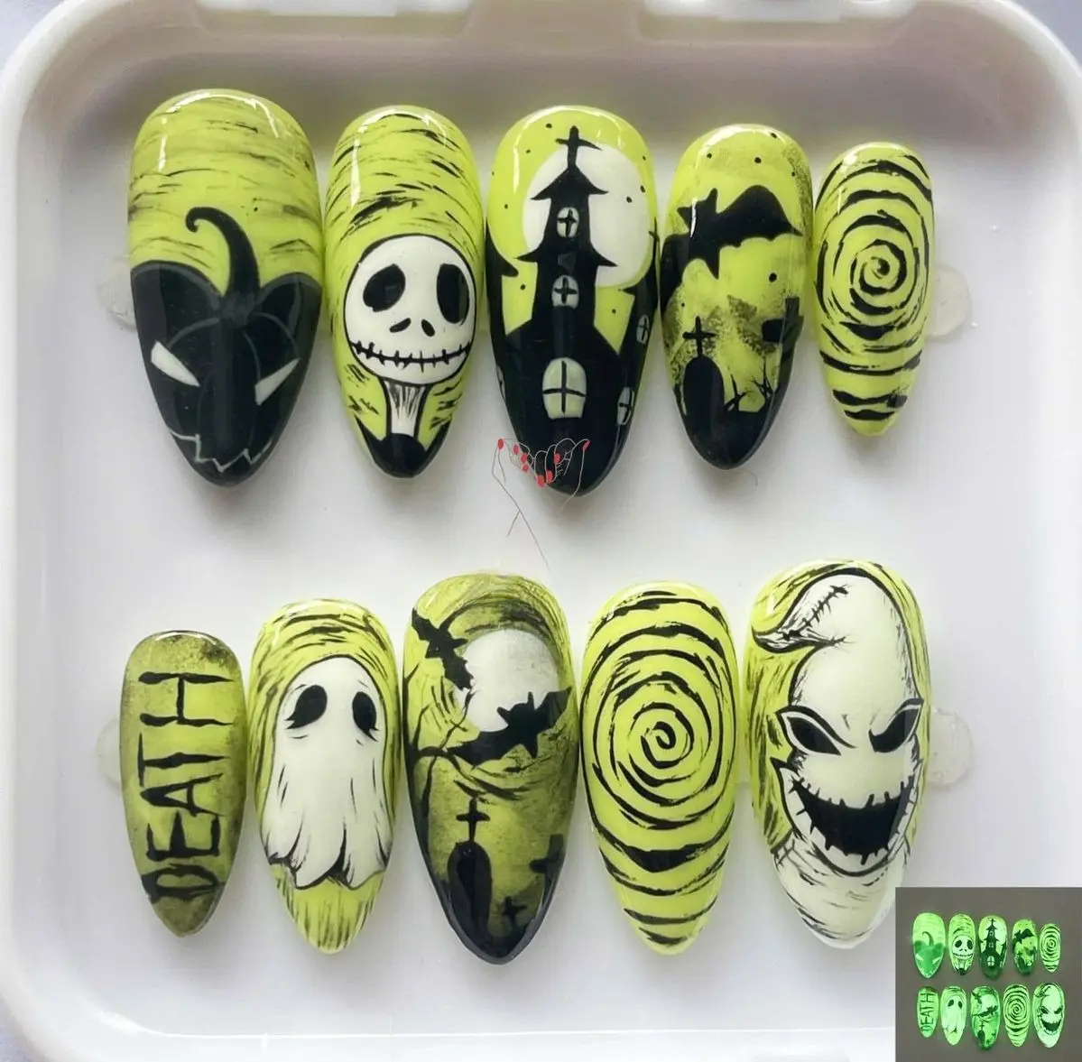 Handmade Nightmareous BE Christmas Inspired Press On Nails | Halloween Neon Green Gothic Nails with Hand-Painted Black Art | Reusable Stiletto Fake Nails with Free Adhesive Tabs Nail File & Cuticle Stick