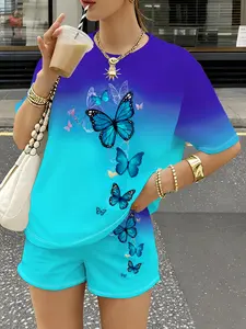 Women's Summer Butterfly Print Gradient Set, Round Neck Short Sleeve T-Shirt + Elastic Waist Shorts, Casual Loose-Fitting 2-Piece Womenswear Clothes