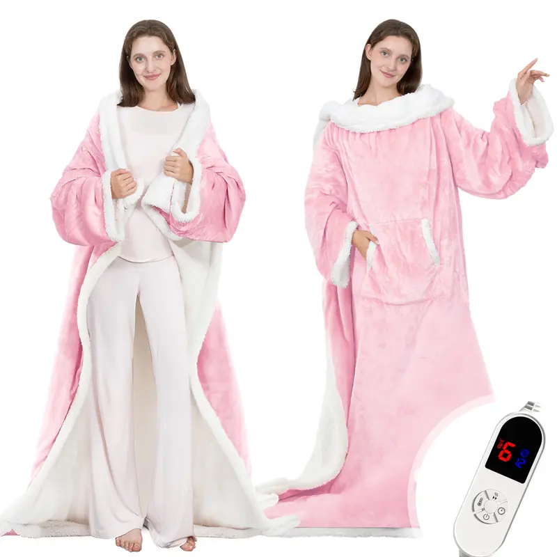 VUSIGN Down Flannel Fleece Heated Wearable Blanket (52x72 in) - Full Body Wrap Electric Robe with Foot Pocket, Sleeves, 6 Heat Levels, 12-Hour Timer Auto Power-Off, Machine Washable, Feel Cosy, Stylish & Practical Winter Gift for Women
