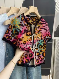 Women's khaki bohemian vacation short-sleeve knit top. Loose round neck, contrast leopard print, front tie and contrast piping. Comfortable for spring & summer casual wear. Womenswear