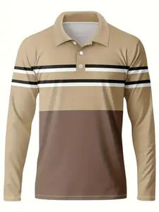 Men's 3D Digital Print Geometric Stripe Long Sleeve Shirt, Casual Fitted Breathable Fabric, Spring & Fall Outdoor Wear, Casual Stylish Menswear