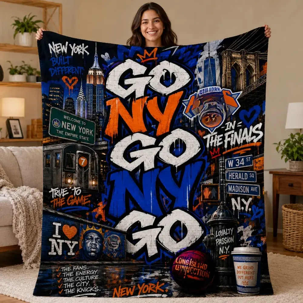 Blue & Orange City Basketball Themed Flannel Throw Blanket, Cheer Slogan Sport Graphic Print, Soft Warm Fabric for Sofa & Bedroom Daily Use, Stylish Sporting Home Decor & Thoughtful Present for Basketball Enthusiasts