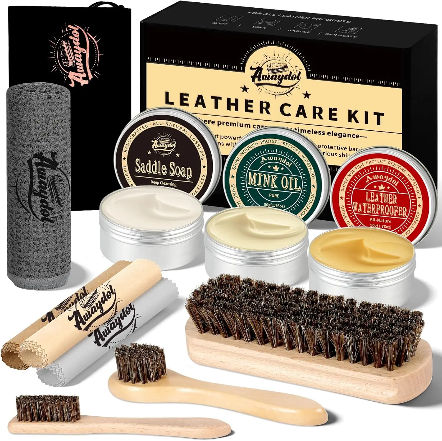 10 PCS Leather Care Kit - Horsehair Brushes,Saddle Soap,Waterproofing Wax,Mink Oil Conditioner,Polishing Cloth,Microfiber cloth,Boot Shoe Shine Cleaning Kit Gift for Men Cowboy Husband Dad﻿