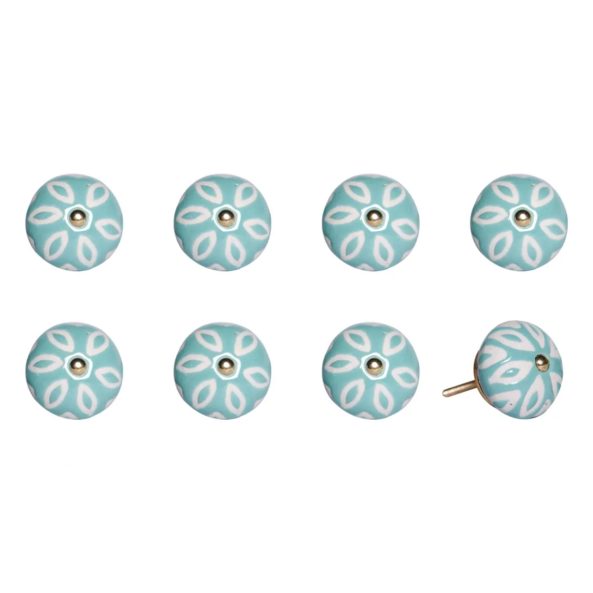 212 MAIN 1.5 in Hand-Painted Turquoise & White Ceramic-Metal Drawer Pull Knobs - Set of 8, Traditional Large Appliance Parts & Accessories for Home Decor