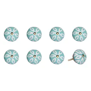 HomeRoots 544428 Turquoise & White Ceramic & Metal Drawer Pull Knobs - Set of 8
