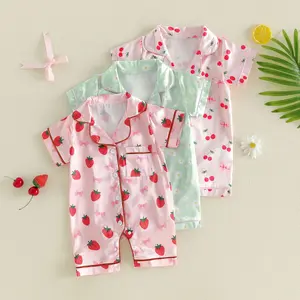 Canrulo Baby Girl Romper Pajamas Onesie Short Sleeve Lapel Collar Button Down Pjs Infant Cute Daisy &Strawberry & Cherry Sleepwear Summer Nightwear