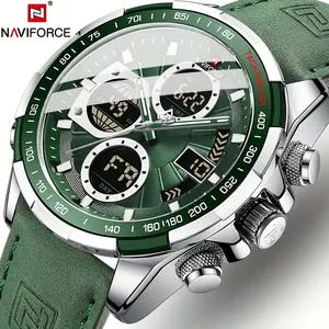 Men's Luxury Sports Quartz Watch - Waterproof, Genuine Leather Strap, Dual Display with Date & Chronograph Functions, Case, Green Accents, Luxury Timepiece |   Tachymeter Equipped |   Genuine Leather Band Valentine's Day