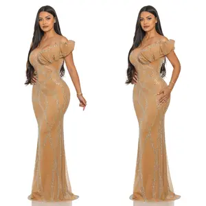 Gold Sequin One Shoulder Ruffle Gown – Glamorous Evening Dress