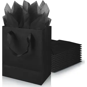 9 inch Black  Bags with Ribbon Handles  Paper Shopping Bags with Tissue Paper for Party Business Wedding Birthday Graduation Fathers Day (Black 9 Inches,)