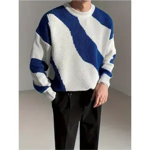 Men's Striped Knit Sweater - Casual Round Neck,  Machine Washable - Blue & White Color Block for Fall/Winter,