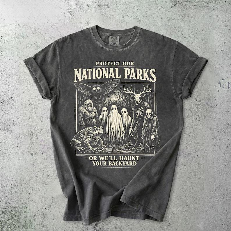 Comfort Colors Vintage Protect Our National Parks T-shirt, Cryptid Tee, Retro Bigfoot Mothman Ghost Wendigo Skull