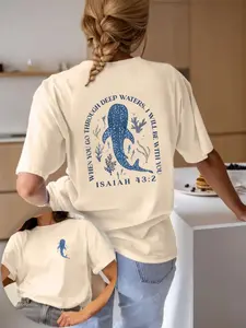 Spring Summer Textured Graphic Geometric Whale Shark Ocean Element Women's Fashion T-Shirt, Casual Fitted Style, Sweet Cool Relax Fit, Perfect for Beach & Streetwear