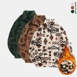 Men's Ethnic Pattern Zip Up Plush Sweatshirt, Casual Long Sleeve Pocket Collared Pullover for Winter, Fashion Men's Clothes for Daily Wear