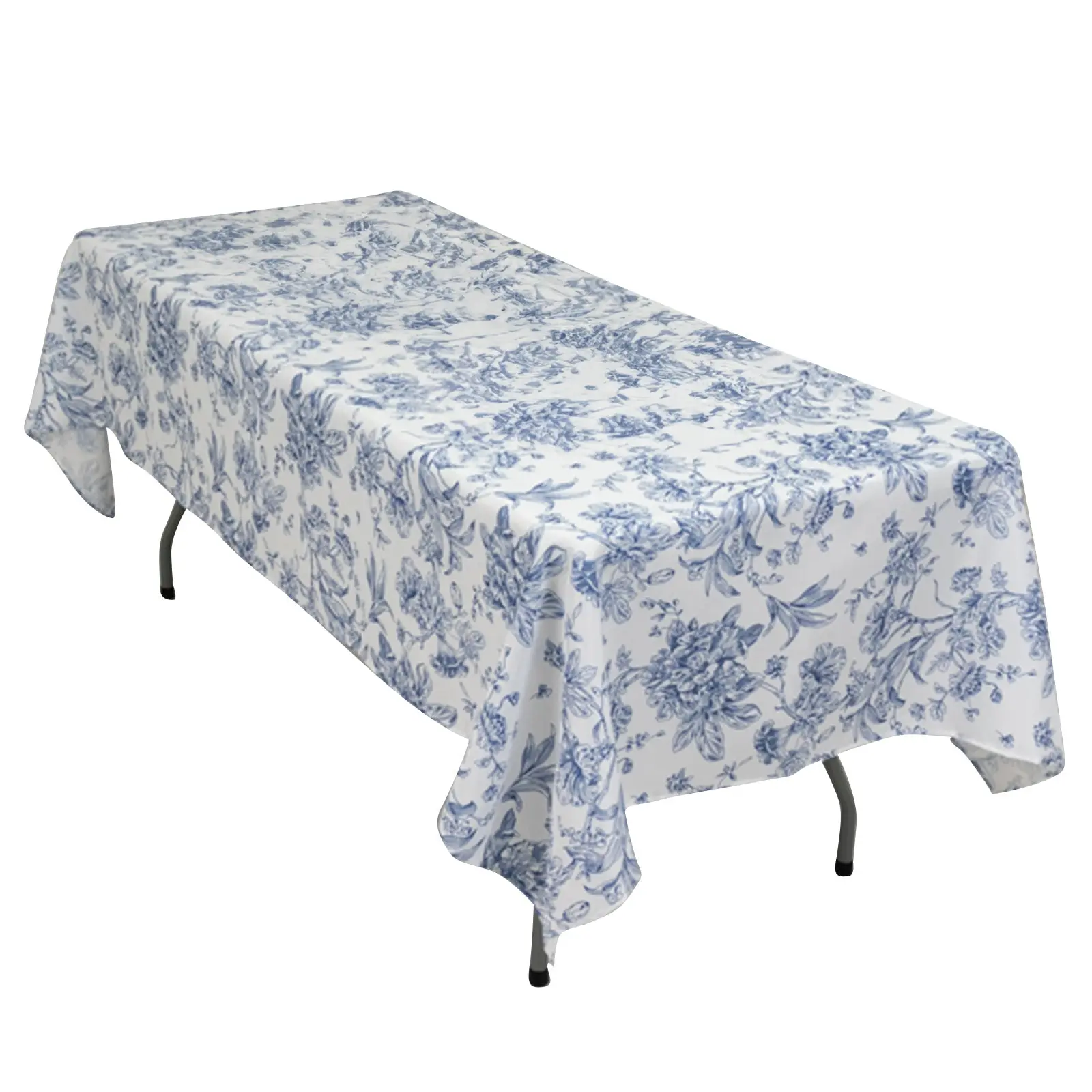 White Polyester Rectangle Tablecloth - 60"x102" Blue French Toile Pattern, Ideal for Outdoor Furniture Tables, Events, Parties, Weddings, Event, Party