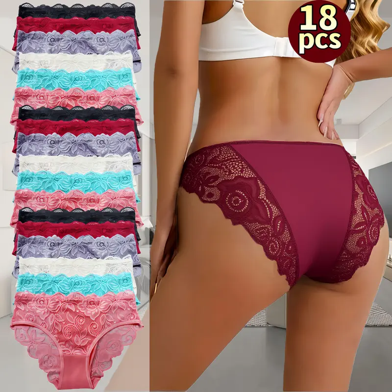 18-piece women's plus-size panties: comfy & simple, soft/skin-friendly, sweat-absorbent & breathable. Wide elastic waist (no tightness/rolling) fits curves; rose-print semi-transparent,  for home/daily commute.Valentine's Day gift Womenswear Style