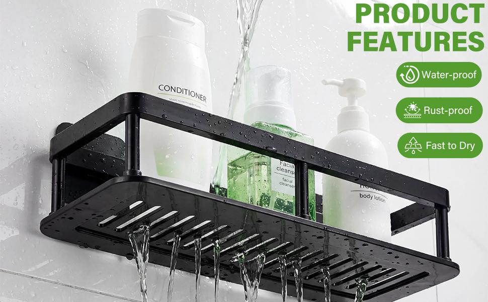 Shower, Self-Shelves Basket, 2 Pack Large Capacity Shower Shelve with Hook Rack, No Drilling Organizers and for Home (4, Black)