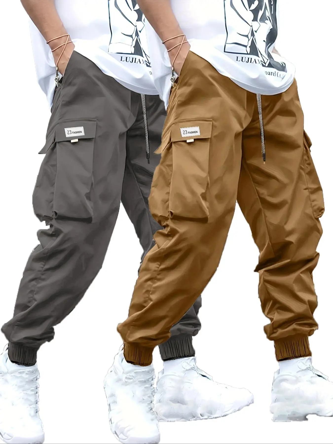 Men's Plus Size Solid Color Patched Drawstring Waist Cargo Pants, Casual Elastic Waist Flap Pocket Trousers for Daily Wear, Streetwear Menswear Men's Plus Bottoms for All Seasons, Casual Comfy Trouser