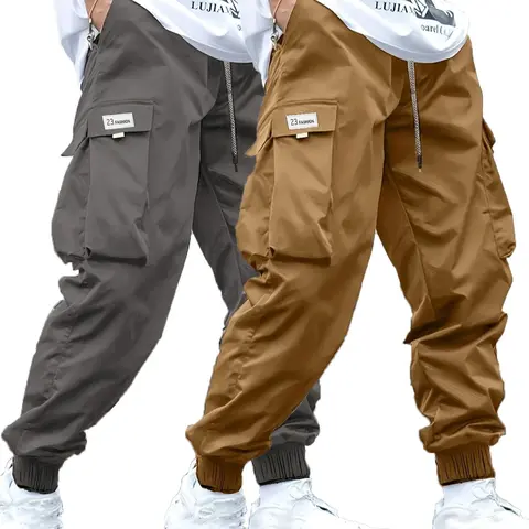 Men's Plus Size Solid Color Patched Drawstring Waist Cargo Pants, Casual Elastic Waist Flap Pocket Trousers for Daily Wear, Streetwear Menswear Men's Plus Bottoms for All Seasons, Casual Comfy Trouser