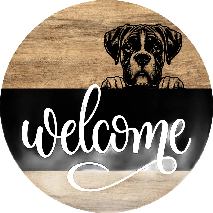 Boxer Dog Door Hanger, Welcome Door Hanger, DCO-13759-DH, 18" Round Wood